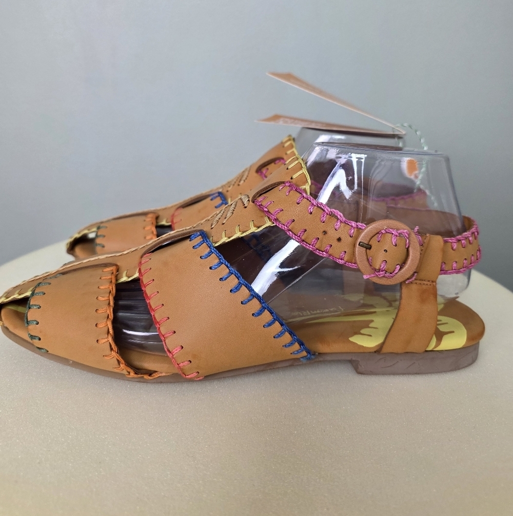 NWT Farm Rio Caramel Tan Whipstitch Fisherman Sandals Palm Tree Adjustable Strap - Picture 10 of 17